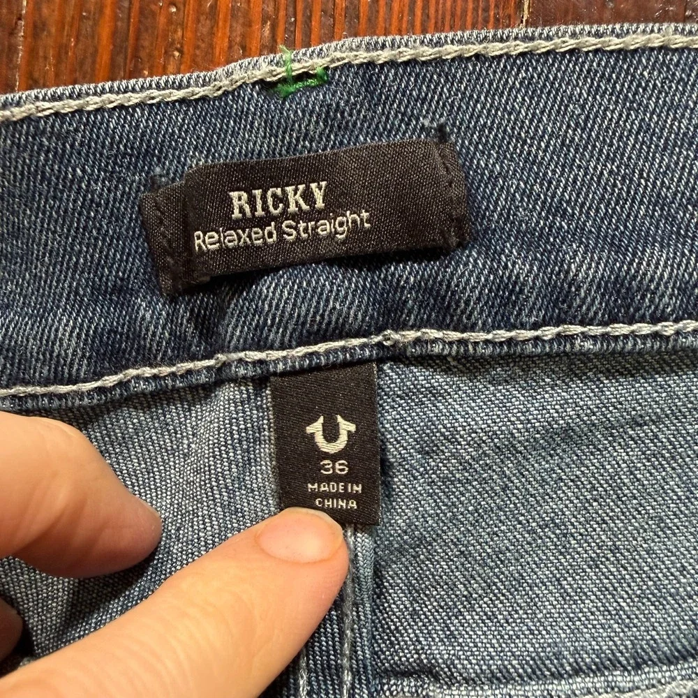 True Religion Jeans Mens 36x34 Blue Ricky Relaxed Straight Flap‎ Faded Whiskers